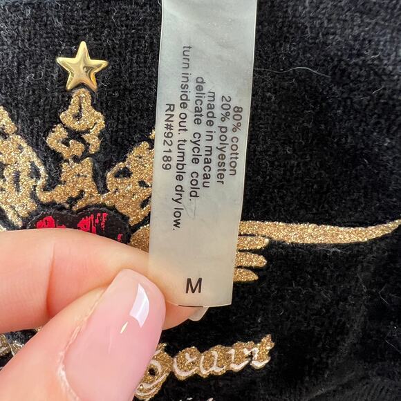 90s Y2K Twisted Heart Black Velour Zip Rose Gold Embellished Jacket Sweater M - Picture 7 of 7